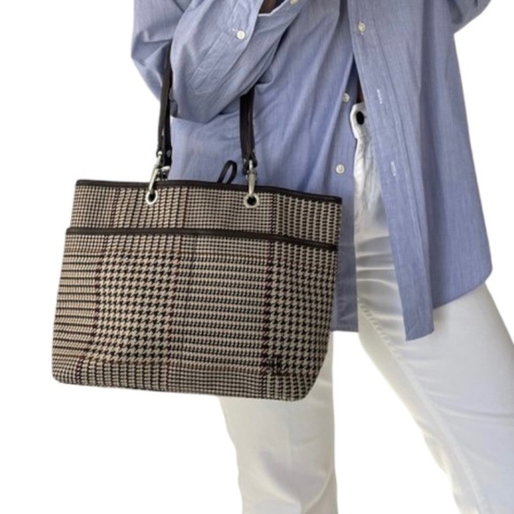 Ralph Lauren Vintage Mini Tote  Bag Beige‎ Brown Houndstooth Tartan Plaid Purse - Picture 2 of 12